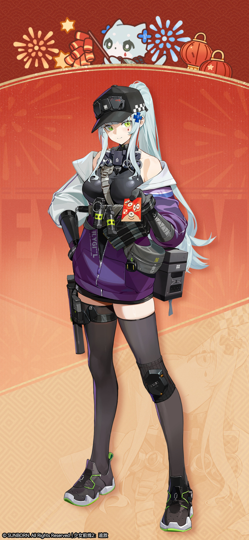 1girl, bare_shoulders, baton_(weapon), black_gloves, black_skirt, cat, coat, facial_mark, girls'_frontline_2:_exilium, girls_frontline, gloves, green_eyes, grey_hair, gun, handgun, highres, hk416_(girls'_frontline), holster, holstered, klukai_(girls'_frontline_2), magazine_(weapon), official_art, purple_coat, skirt, solo, standing, stun_grenade, teardrop_facial_mark, thigh_holster, weapon