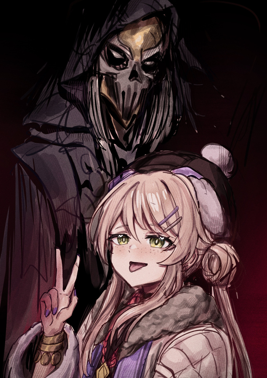 1girl, 1other, absurdres, black_hat, brown_hair, commentary, dual_persona, fingernails, flareza, freckles, fur-trimmed_jacket, fur_trim, green_eyes, hair_ornament, hairclip, hat, highres, jacket, long_hair, mask, nail_polish, nivora_(wuthering_waves), parallel_hairclips, purple_nails, schwarzloch_(wuthering_waves), skull_mask, smile, tongue, tongue_out, wuthering_waves