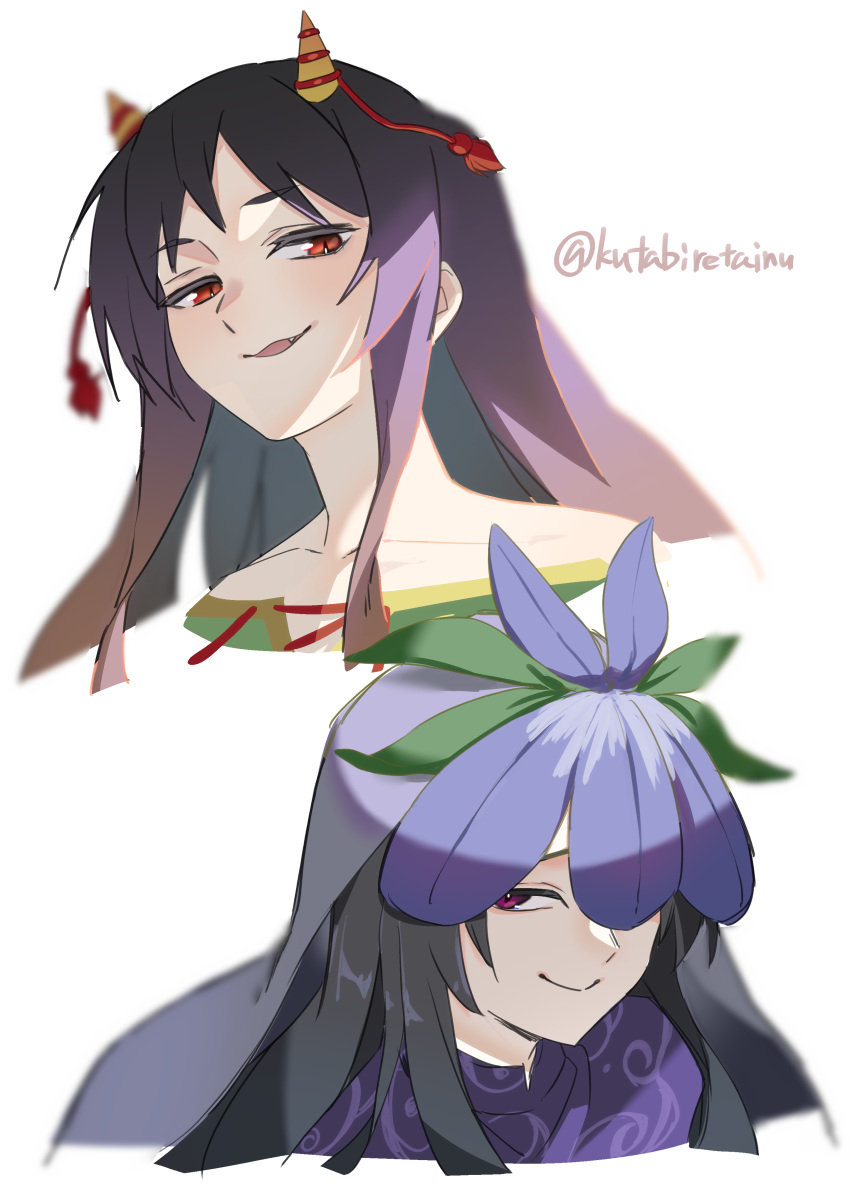 2girls, absurdres, black_hair, collarbone, commentary, fang, flower, green_shirt, hair_flower, hair_ornament, highres, horns, kutabiretainu, long_hair, looking_down, looking_to_the_side, multiple_girls, nippaku_zanmu, portrait, purple_flower, purple_shirt, purple_veil, red_eyes, shirt, simple_background, smile, smirk, string_around_horn, tassel, touhou, twitter_username, veil, yomotsu_hisami