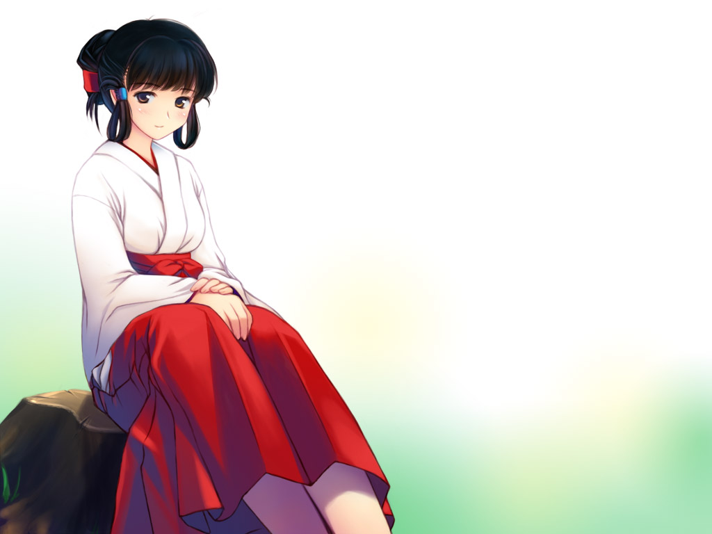 1girl, black_hair, brown_eyes, closed_mouth, feet_out_of_frame, folded_ponytail, gradient_background, hakama