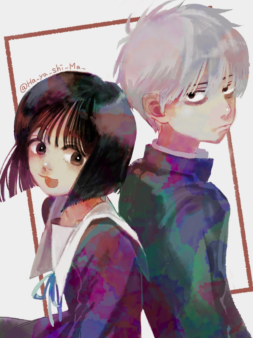 1boy, 1girl, back-to-back, black_eyes, black_hair, closed_mouth, commentary_request, gakuran, grey_hair, ha_ya_shi_ma, highres, kurokiri_makoto, magayama_high_school_uniform, open_mouth, sailor_collar, school_uniform, simple_background, smile, tachibana_michiru_(utsuranain_desu), utsuranain_desu