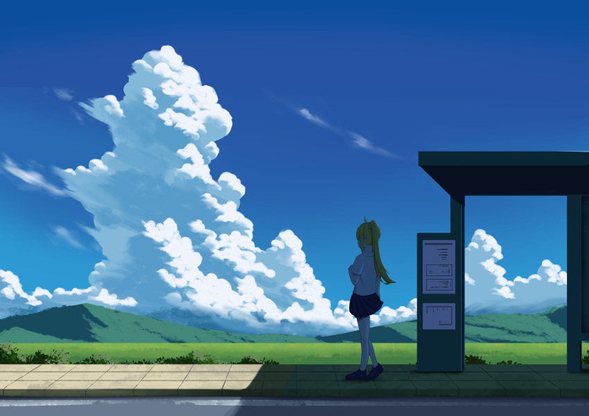 1girl, absurdres, ahoge, black_skirt, blonde_hair, blue_sky, bocchi_the_rock!, bus_stop_shelter, clouds, commentary_request, day, ego_phony, facing_away, from_side, full_body, highres, ijichi_nijika, landscape, looking_to_the_side, meadow, miniskirt, outdoors, pantyhose, pleated_skirt, ponytail, scenery, shade, shirt, shoes, short_sleeves, sidewalk, skirt, sky, solo, summer, walking, white_pantyhose, white_shirt