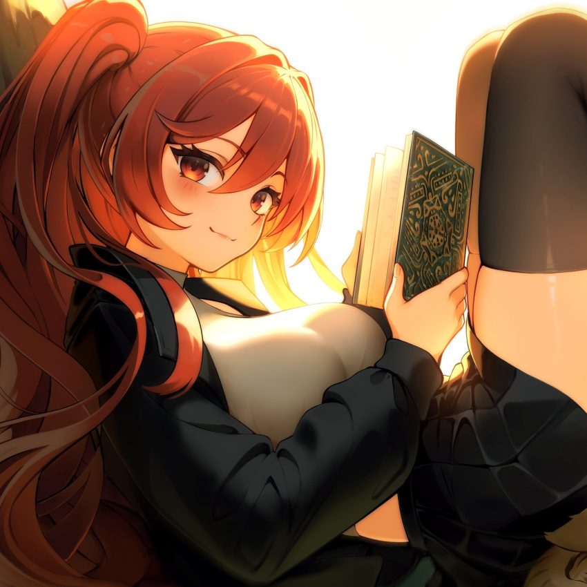 1girl, black_jacket, black_skirt, black_thighhighs, blush, book, breasts, bright_background