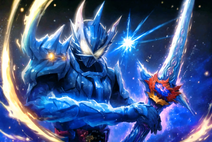 1boy, absurdres, armor, blue_armor, blue_bodysuit, blue_gloves, bodysuit, gloves, glowing, glowing_eyes, haouken_xross_saber, highres, holding, holding_sword, holding_weapon, horns, kamen_rider, kamen_rider_saber, kamen_rider_saber_(series), kamen_rider_xross_saber, rider_belt, seiken_swordriver, single_horn, solo, sword, tokusatsu, upper_body, weapon, white_eyes, yigor