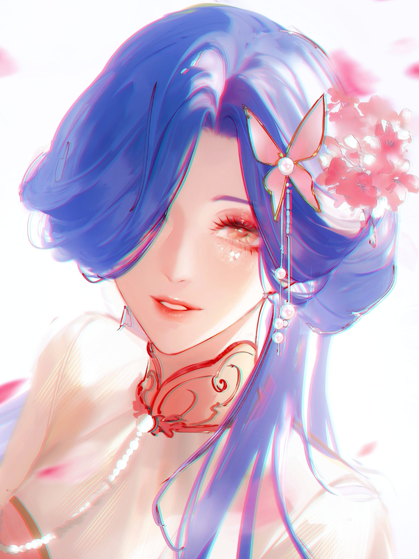 1girl, absurdres, alternate_costume, blue_hair, butterfly_hair_ornament, chinese_commentary, chromatic_aberration, commentary