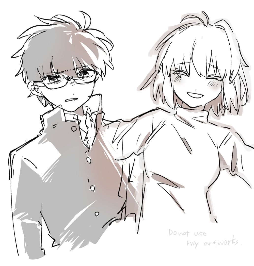 1boy, 1girl, :d, aask, ahoge, arcueid_brunestud, arms_at_sides, black_hair