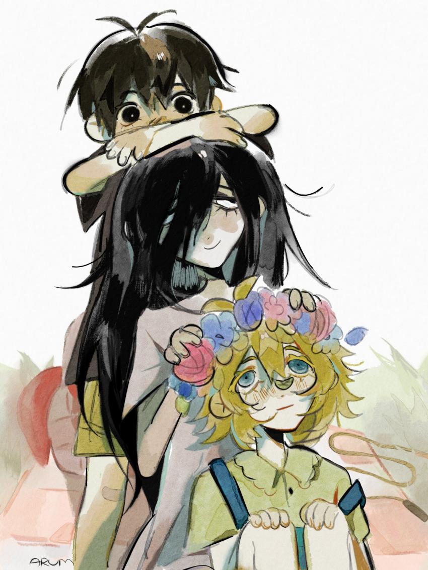 1girl, 2boys, alternate_costume, antenna_hair, arum_0m0, basil_(faraway)_(omori), basil_(omori), black_eyes