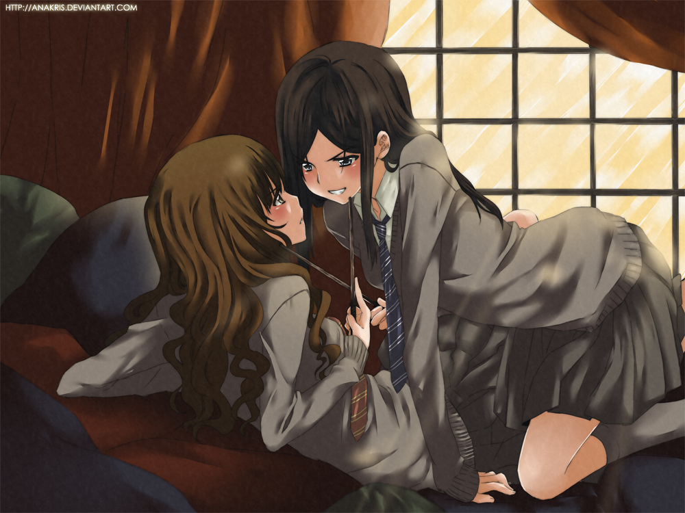 anakris, bed, black_hair, blush, brown_hair, cardigan, cho_chang, eye_contact, girl_on_top, harry_potter, hermione_granger, long_hair, looking_at_another, multiple_girls, necktie, school_uniform, smile, wand, watermark, web_address, window, yuri