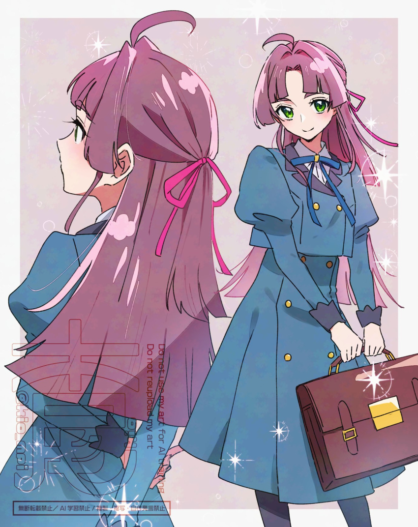 1girl, aged_up, ahoge, arm_behind_back, bag, blue_dress, commentary_request, dress, facing_away, green_eyes, hand_on_own_arm, highres, holding, holding_bag, kio_mpi, kobayashi_mikuru, long_hair, looking_at_viewer, low_ponytail, meitantei_precure!, multiple_views, pantyhose, parted_bangs, ponytail, precure, purple_hair, school_bag, school_uniform, smile, solo