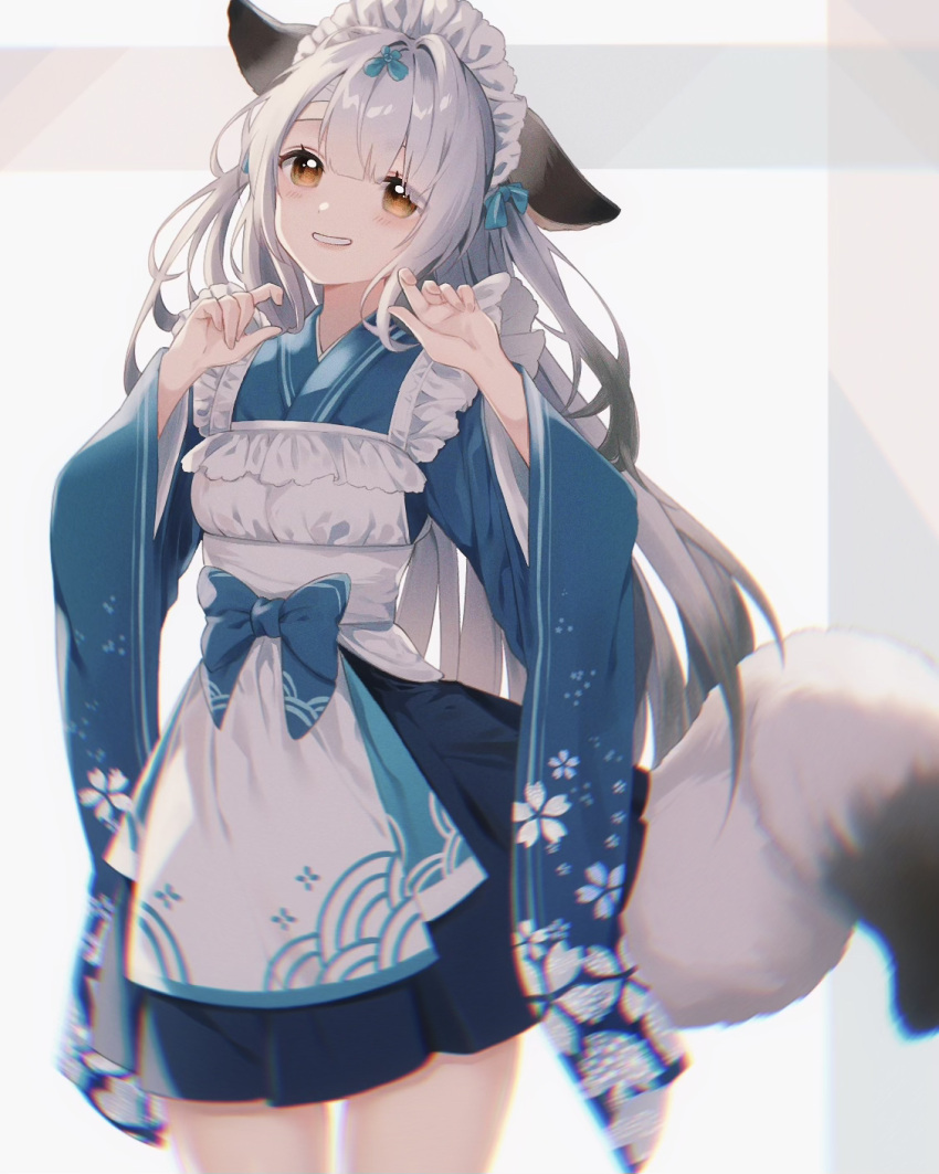 1girl, animal_ears, apron, azur_lane, cherry_blossom_print, floral_print, highres, hime_cut