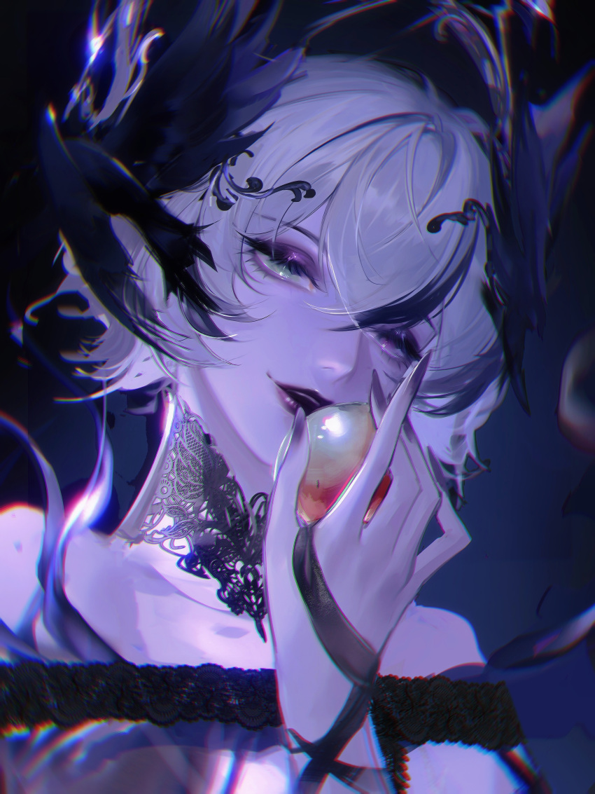 1girl, absurdres, alternate_costume, apple, bare_shoulders, black_feathers, blue_background, chinese_commentary