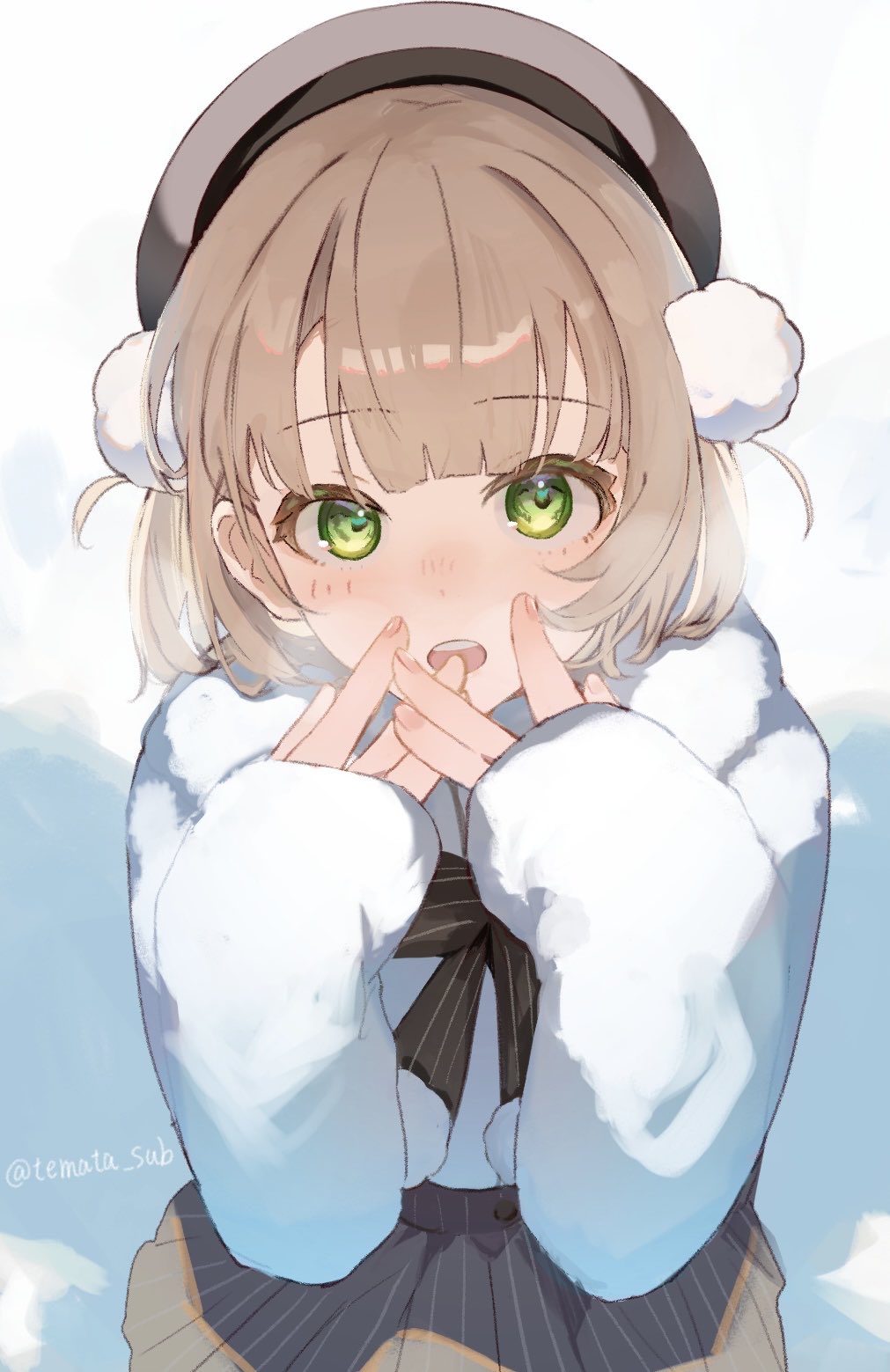 1girl, alternate_costume, beret, breath, brown_hair, coat, cold, commentary_request
