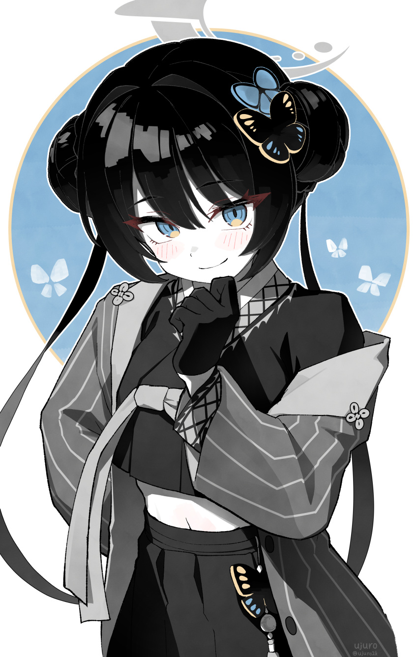 1girl, absurdres, alternate_costume, arm_behind_back, black_gloves, black_hair, blue_archive, blue_circle