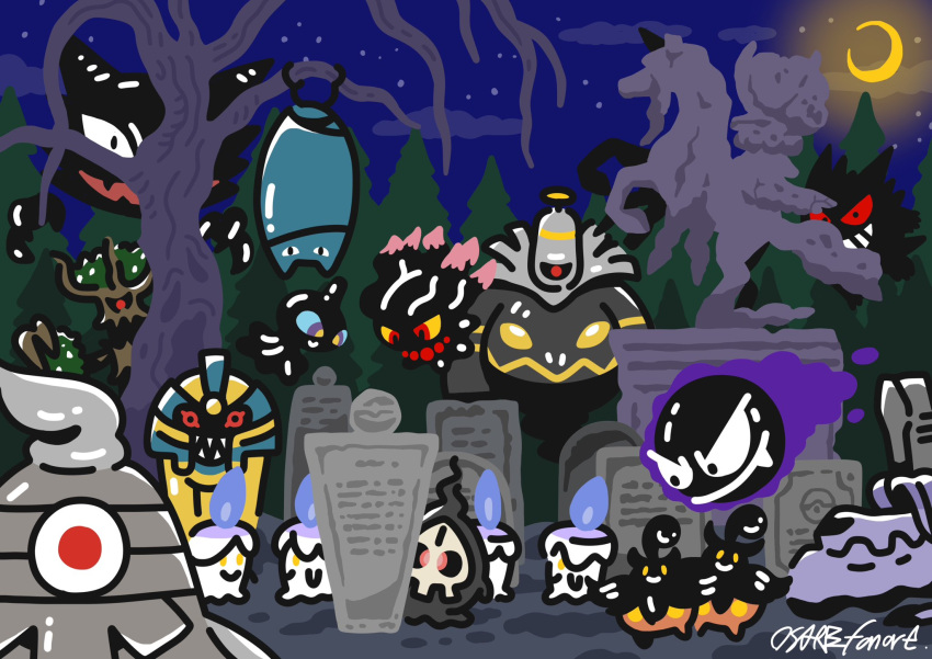 aqua_sclera, bare_tree, black_sclera, blue_fire, calyrex, calyrex_(rider), closed_mouth, clouds, cofagrigus, colored_sclera, commentary, crescent_moon, dusclops, dusknoir, duskull, fang, fire, floating, gastly, gengar, golbat, graveyard, grin, haunter, highres, houndstone, litwick, misdreavus, moon, night, official_artist_extra, one-eyed, only_my_railgun, osare_graffiti, outdoors, pine_tree, pokemon, pokemon_(creature), pokemon_focus, pumpkaboo, rayman_limbs, red_eyes, sharp_teeth, shuppet, signature, sky, smile, solid_oval_eyes, spectrier, star_(sky), statue, teeth, tombstone, tree, trevenant, untranslatable_commentary, upside-down, v-shaped_eyes, violet_eyes, yellow_pupils, yellow_sclera
