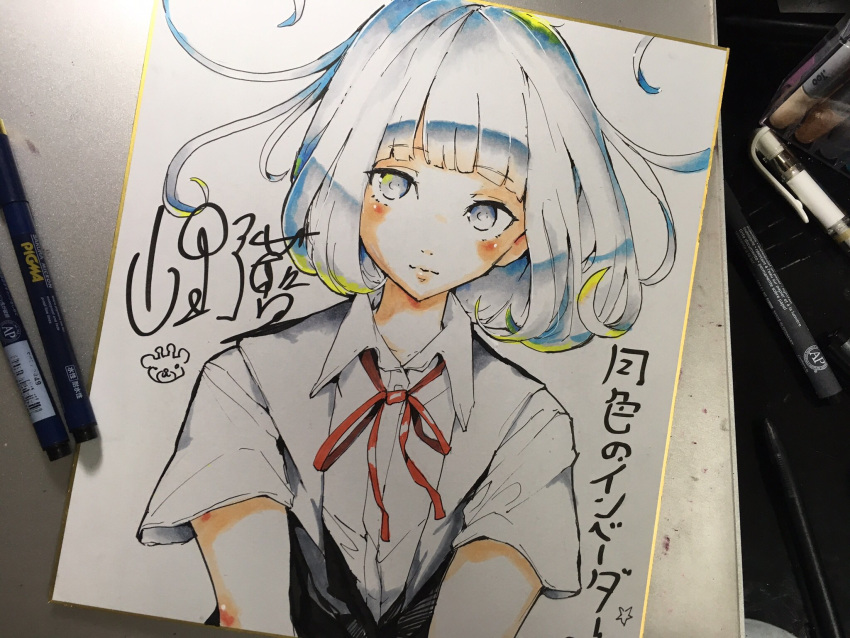 1girl, art_tools_in_frame, blonde_hair, blunt_bangs, bob_cut, closed_mouth, collared_shirt, colored_tips