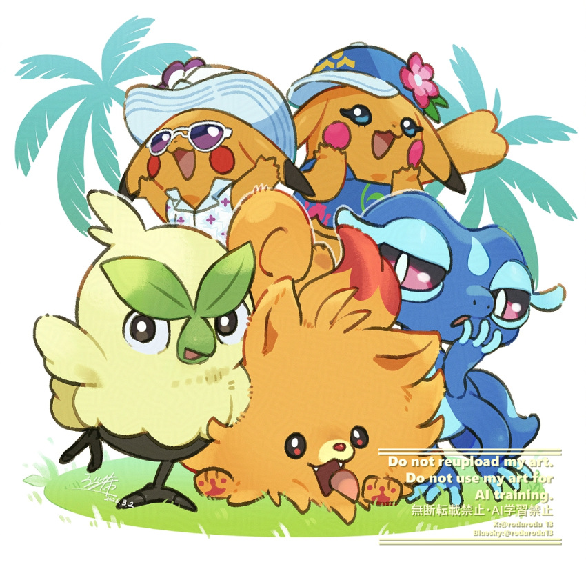 blue_hat, blue_skin, blue_tank_top, browt, colored_skin, commentary, feathers, flower