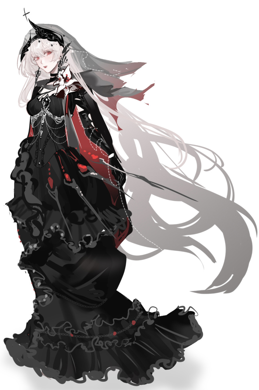 1girl, black_dress, coquelic_(path_to_nowhere), dress, full_body, highres, kong_tiao_bo_zi, looking_at_viewer