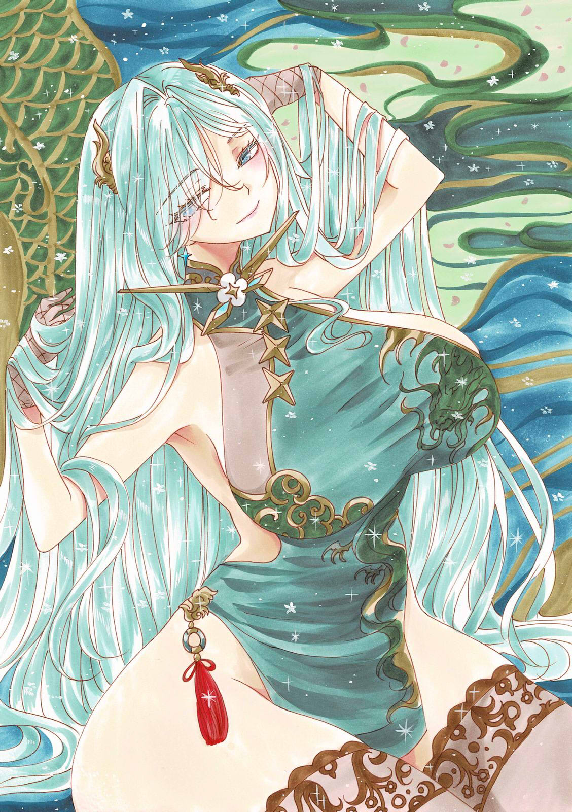 1girl, azur_lane, breasts, character_request, china_dress, chinese_clothes, closed_mouth, dress, glint, green_dress, green_eyes, green_hair, hair_over_one_eye, highres, large_breasts, long_hair, looking_at_viewer, parted_bangs, single_hair_intake, sitting, sleeveless, sleeveless_dress, smile, solo, traditional_media, upper_body, uzuharu_(uduharu), very_long_hair