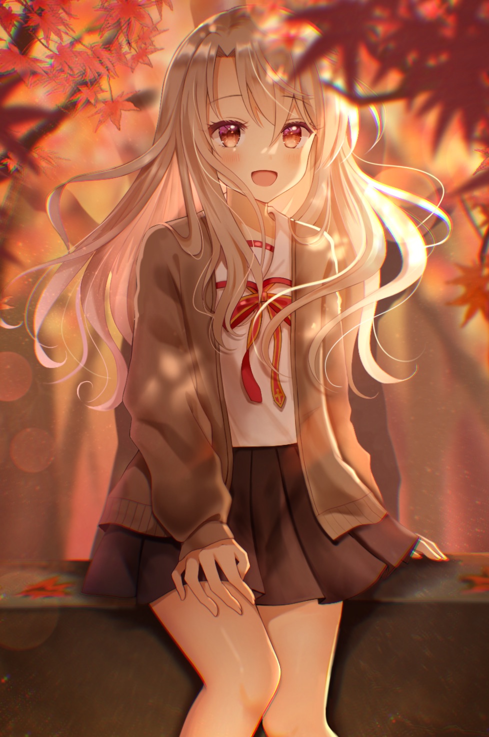 1girl, :d, autumn, autumn_leaves, black_skirt, blonde_hair, blush, brown_cardigan, cardigan, commentary_request, fate/kaleid_liner_prisma_illya, fate_(series), feet_out_of_frame, highres, homurabara_academy_elementary_school_uniform, illyasviel_von_einzbern, knees, leaf, lens_flare, light_particles, long_hair, miniskirt, nasii, open_cardigan, open_clothes, open_mouth, outdoors, pleated_skirt, red_eyes, ribbon, school_uniform, shirt, sitting, sitting_on_object, skirt, smile, solo, white_shirt