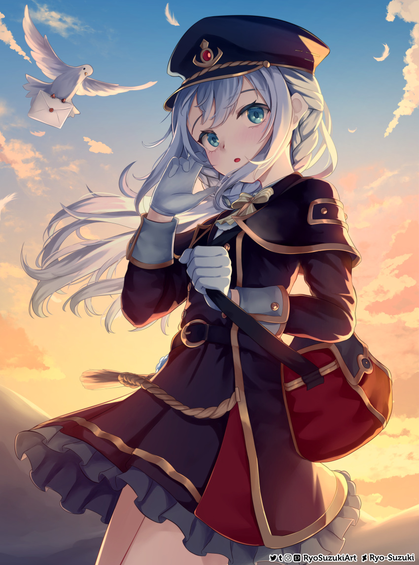 1girl, absurdres, backlighting, bag, belt, bird, black_belt, black_coat