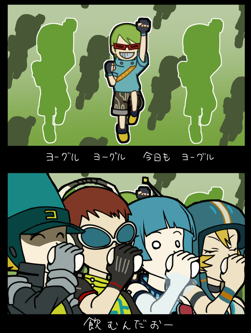 2025, 2girls, 3boys, beat_(jsr), black_gloves, blonde_hair, blue_hair, chirumiru