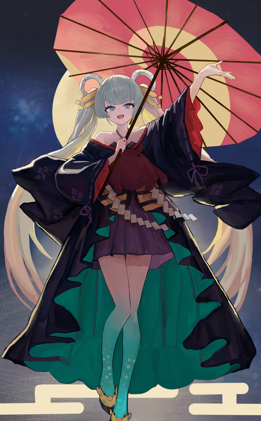 1girl, absurdres, arm_up, blue_eyes, blue_kimono, cho_kaguya-hime!, colored_extremities, commentary