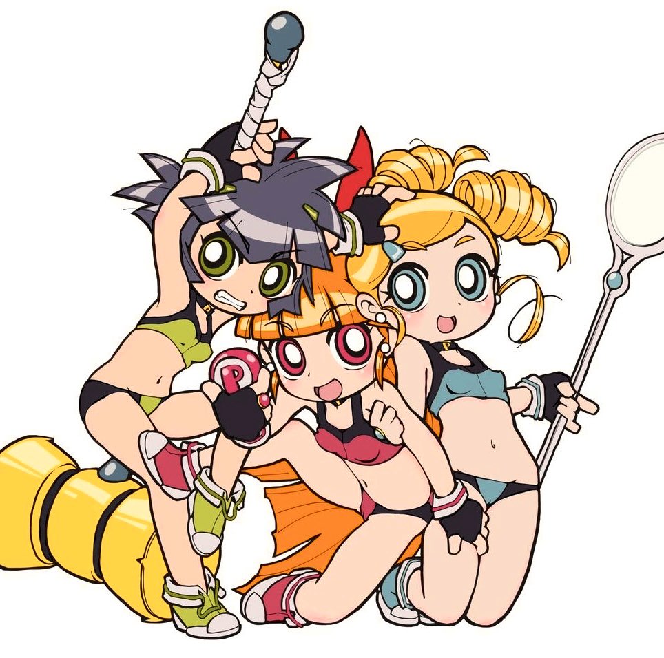 3girls, akazutsumi_momoko, black_gloves, black_hair, blonde_hair, blue_eyes, blue_sports_bra, blue_sports_panties