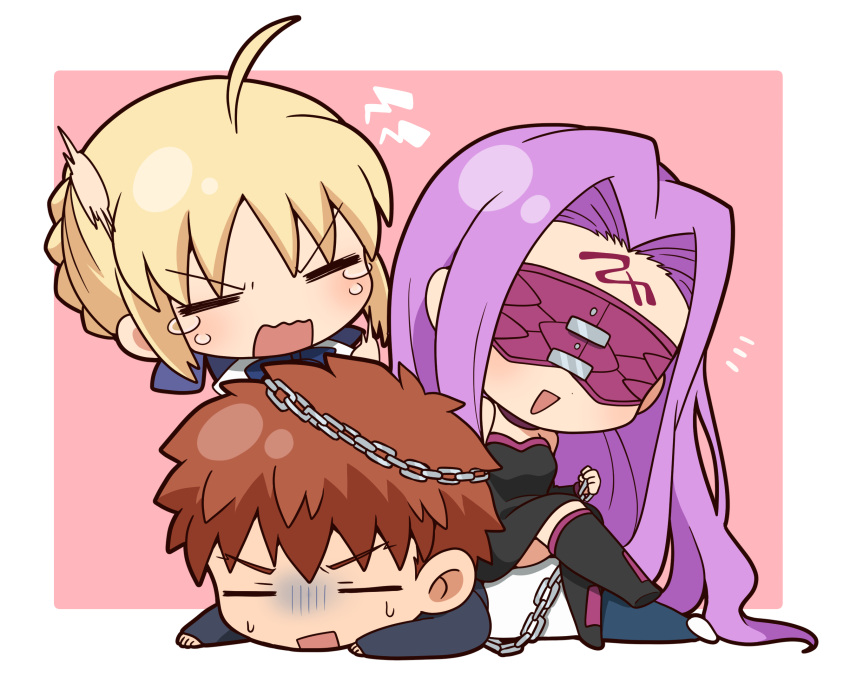 1boy, 2girls, =_=, ahoge, angry, artoria_pendragon_(fate), bare_shoulders, black_dress, blindfold, blonde_hair, blue_ribbon, boots, breaker_gorgon, chain, chibi, closed_eyes, commentary_request, crossed_legs, crying, detached_sleeves, dress, emiya_shirou, facial_mark, fate/stay_night, fate_(series), forehead_mark, hair_ribbon, happy, highres, hitting, long_hair, medusa_(fate), medusa_(fate/stay_night), medusa_(rider)_(fate), motion_blur, multiple_girls, notice_lines, on_ground, open_mouth, orange_hair, purple_hair, raglan_sleeves, ribbon, saber_(fate), short_hair, sidelocks, sitting, sitting_on_person, smile, strapless, strapless_dress, sweatdrop, tears, thigh-highs, thigh_boots, tsubuta_hiro