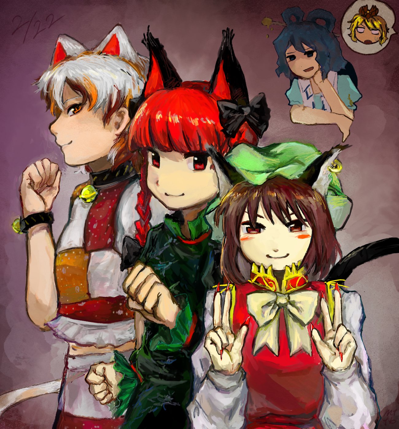 5girls, animal_ears, bell, black_bow, blue_hair, blue_shirt, blunt_bangs, blush_stickers, bow, bowtie, braid, brown_eyes, brown_hair, brown_streaks, cat_ears, cat_girl, cat_tail, chen, closed_mouth, cowboy_shot, crop_top, double_v, dress, earrings, fingernails, goutokuji_mike, green_dress, green_hat, hair_bow, hair_ornament, hair_rings, hair_stick, hand_on_own_cheek, hand_on_own_face, hat, height_difference, highres, jewelry, kaenbyou_rin, kaku_seiga, long_hair, long_sleeves, looking_at_another, looking_at_viewer, midriff, mmttbbii, multicolored_hair, multiple_girls, neck_bell, nyan_clan_of_gensokyo_(touhou), open_mouth, orange_eyes, orange_streaks, patchwork_clothes, paw_pose, red_eyes, red_hair, red_nails, red_vest, sharp_fingernails, shirt, short_hair, short_sleeves, sideways_glance, single_earring, single_paw_pose, skirt, smile, spoken_character, spoken_expression, straight-on, streaked_hair, tail, through_wall, toramaru_shou, touhou, twin_braids, v, v-shaped_eyebrows, vest, white_hair, white_shirt, yellow_bow, yellow_bowtie