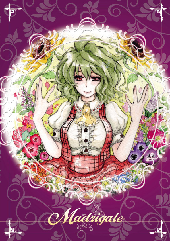 ascot, bust, dress, flower, green_hair, h_sakray, kazami_yuuka, plaid
