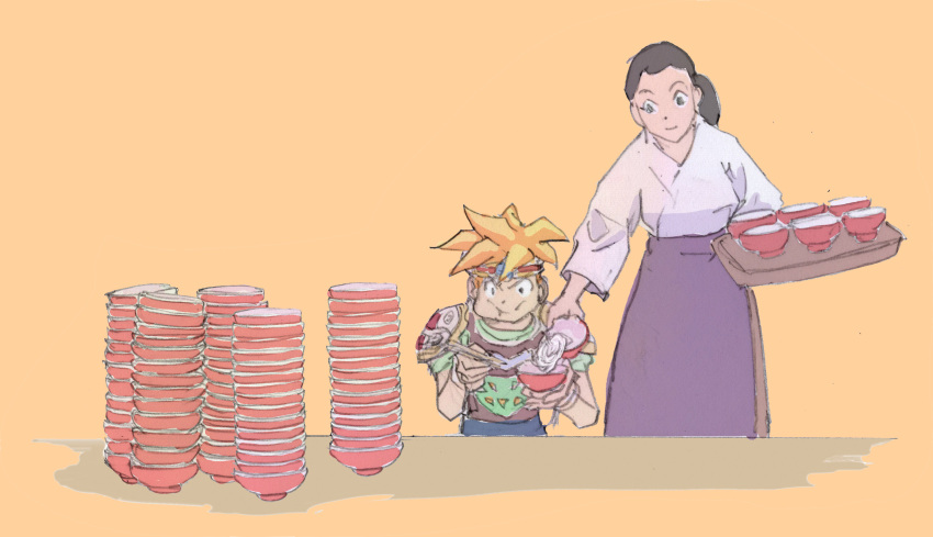 1boy, 1girl, ark_(tenchi_souzou), bowl, chopsticks, closed_mouth, commentary_request, eating