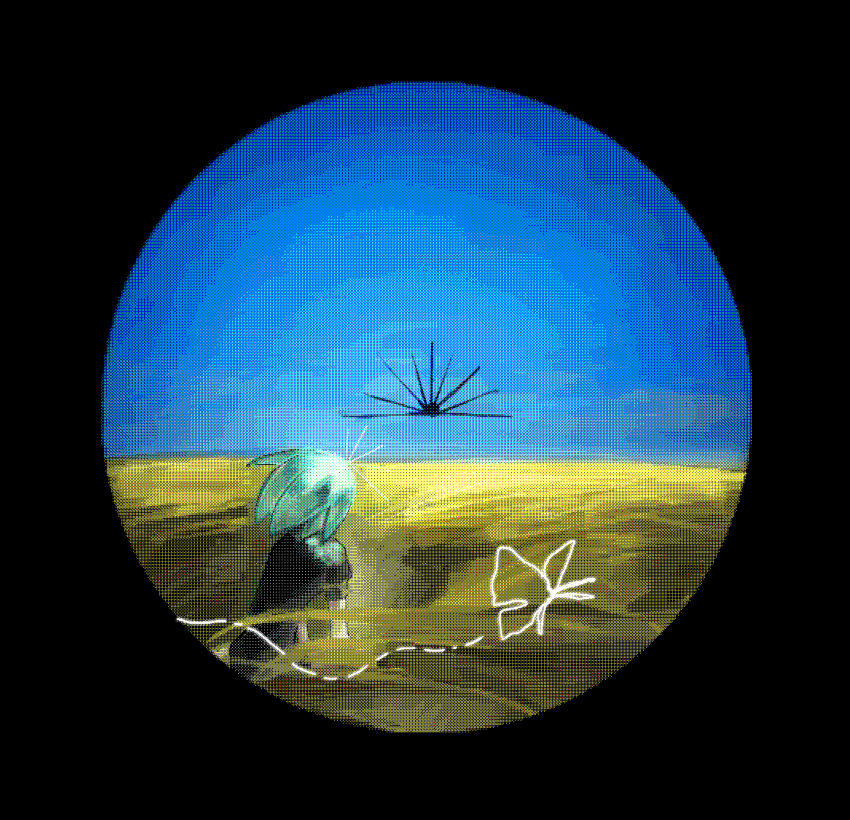 1other, 404-chan_(22_0724), absurdres, aqua_hair, arm_support, black_shirt, blue_sky, border