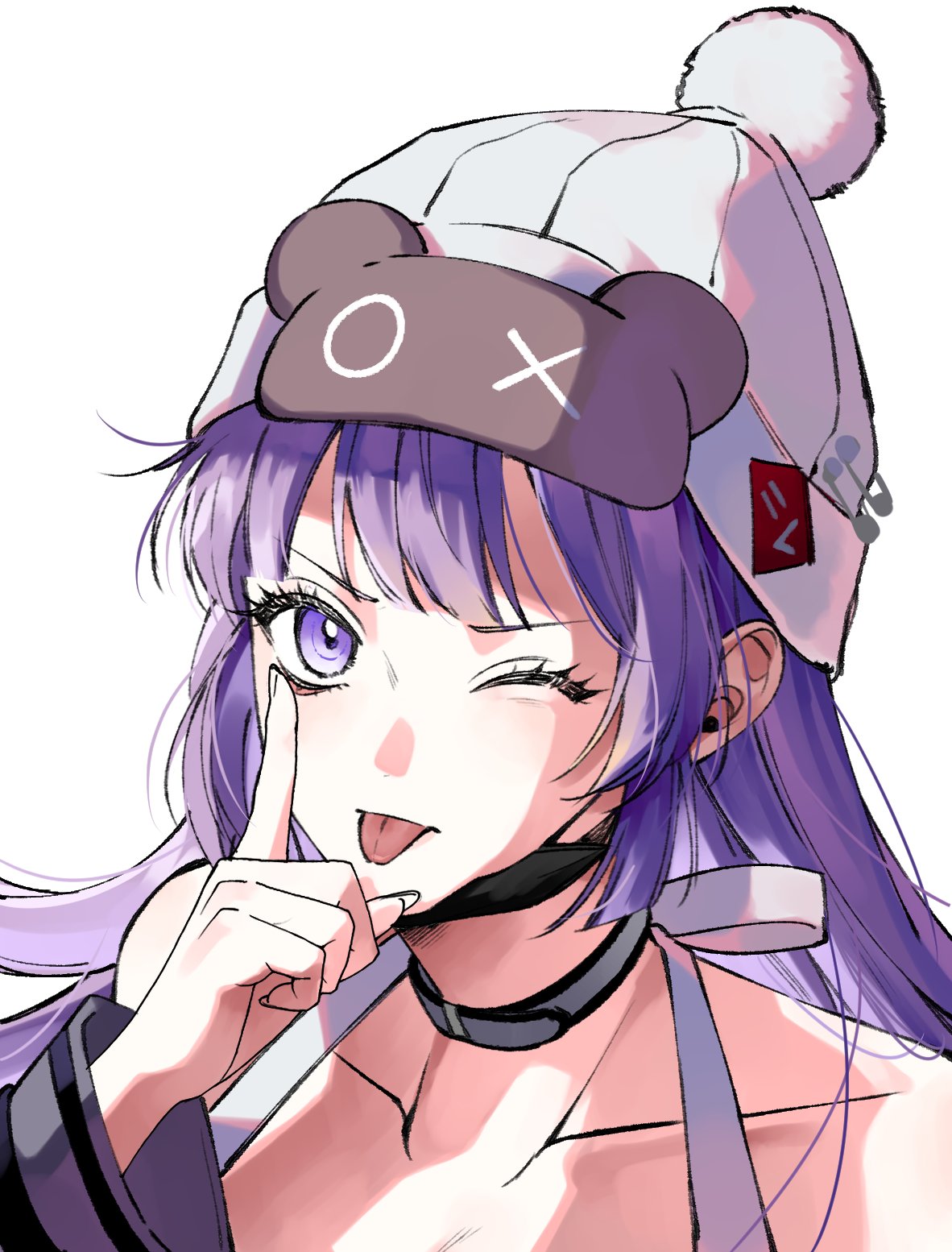 1girl, ;p, bare_shoulders, beanie, belt_collar, collar, commentary_request, eye_mask