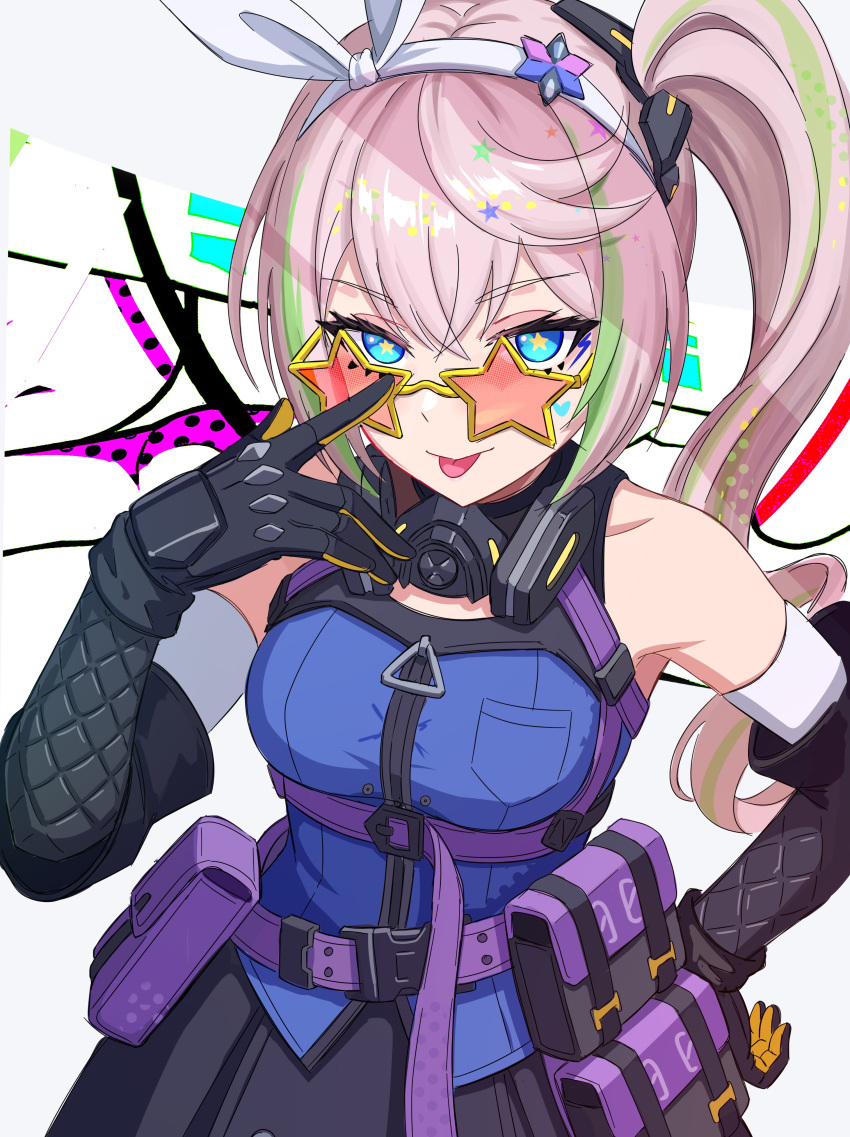 1girl, absurdres, bare_shoulders, black_gloves, black_skirt, blue_eyes, blue_shirt, breasts