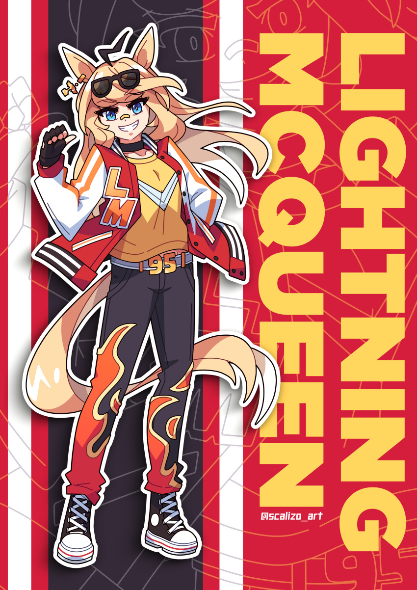 1girl, absurdres, ahoge, animal_ears, bandaid, bandaid_on_face, bandaid_on_nose, belt, belt_buckle, black_background, black_choker, black_gloves, black_hair, black_pants, black_shoes, blonde_hair, blue_eyes, buckle, car_number, cars_(movie), character_name, choker, collarbone, commentary, curled_fingers, different_zoom_layer, ear_ornament, english_commentary, eyewear_on_head, fingerless_gloves, flame_print, floating_hair, genderswap, genderswap_(mtf), gloves, grin, highres, horse_ears, horse_girl, horse_tail, jacket, kemonomimi_mode, letterman_jacket, lightning_mcqueen, logo_print, long_hair, long_sleeves, looking_at_viewer, open_mouth, orange_pants, outline, pants, personification, pointing, pointing_at_self, pointing_with_thumb, puffy_long_sleeves, puffy_sleeves, red_background, red_jacket, red_trim, scalizo, shirt, shoes, single_hair_streak, smile, sneakers, solo, striped_background, sunglasses, tail, twitter_username, umamusume, vertical-striped_sleeves, white_background, white_belt, white_outline, white_sleeves, yellow_pants, yellow_shirt, yellow_sleeves, zoom_layer