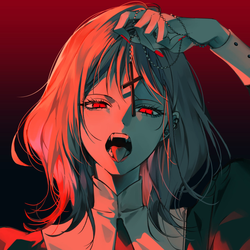 1girl, black_background, blonde_hair, commentary, cross, cross_necklace, earclip, fangs