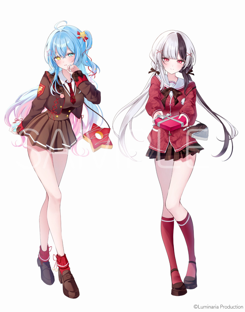 2girls, absurdres, ahoge, aoi_minato_(vtuber), black_hair, black_ribbon, blue_eyes, blue_hair