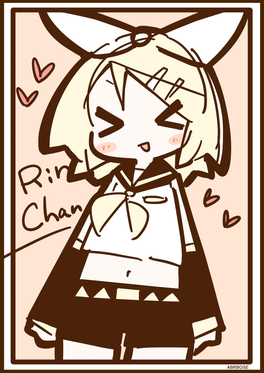 >p<, 1girl, black_shorts, blonde_hair, blush, character_name, closed_eyes, hair_ornament, hairpin, heart, highres, kagamine_rin, medium_hair, mushino_shirase, navel, open_mouth, pink_background, short_shorts, shorts, smile, solo, standing, thigh_gap