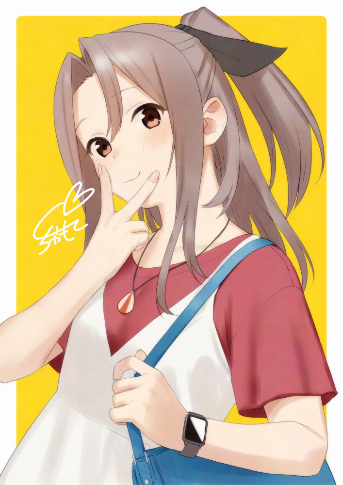 1girl, adversarial_noise, apple_watch, bag, black_bow, blush, border, bow