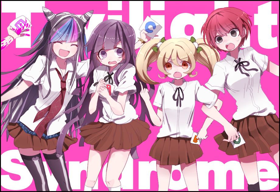 5girls, black_eyes, black_hair, black_ribbon, black_thighhighs, blonde_hair, blood, blood_on_arm
