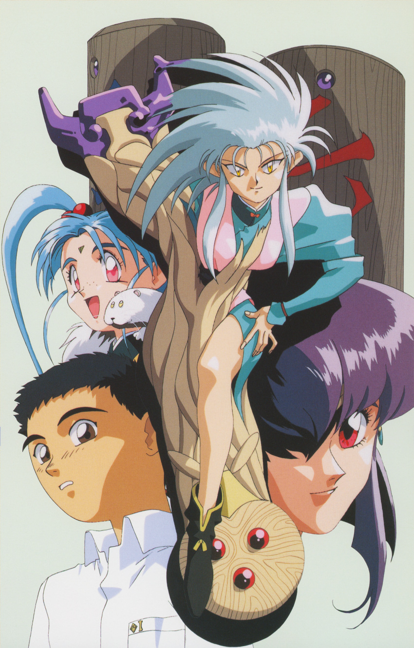 1990s_(style), 1boy, 3girls, animal_on_shoulder, aqua_hair, azaka, black_hair, brown_eyes
