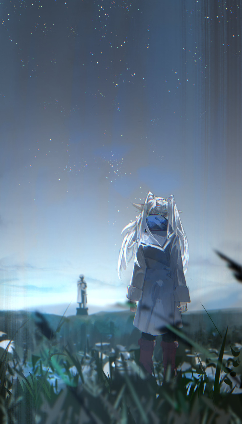 1boy, 1girl, absurdres, back, beard, black_sky, blue_eyes, blue_hair