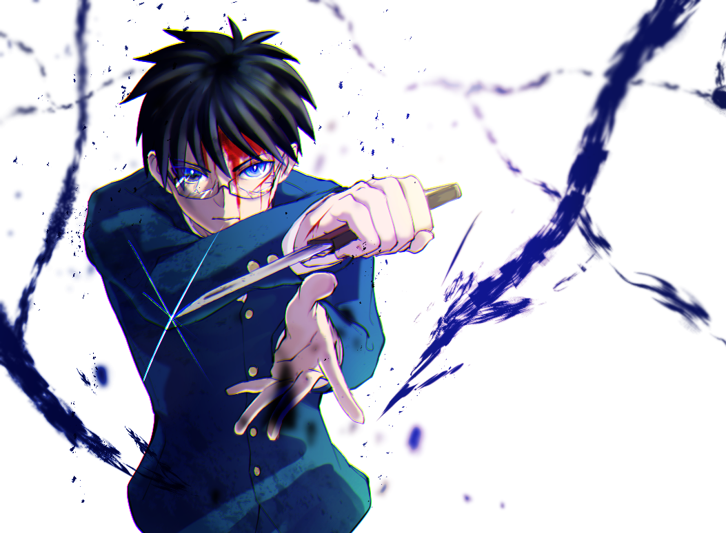 1boy, angry, artist_request, battle_damage, blood, blood_on_face, blue_eyes, blue_jacket