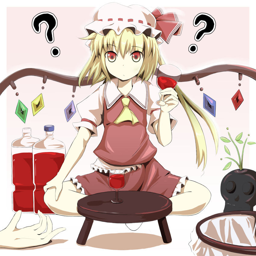 ?, ascot, blonde_hair, confused, cup, drink, flandre_scarlet, hands, hat, highres, holding, indian_style, looking_at_viewer, plant, red_eyes, sanpei(artist), sanpei_(artist), side_ponytail, sitting, solo, table, touhou, trashcan, wine_glass, wings