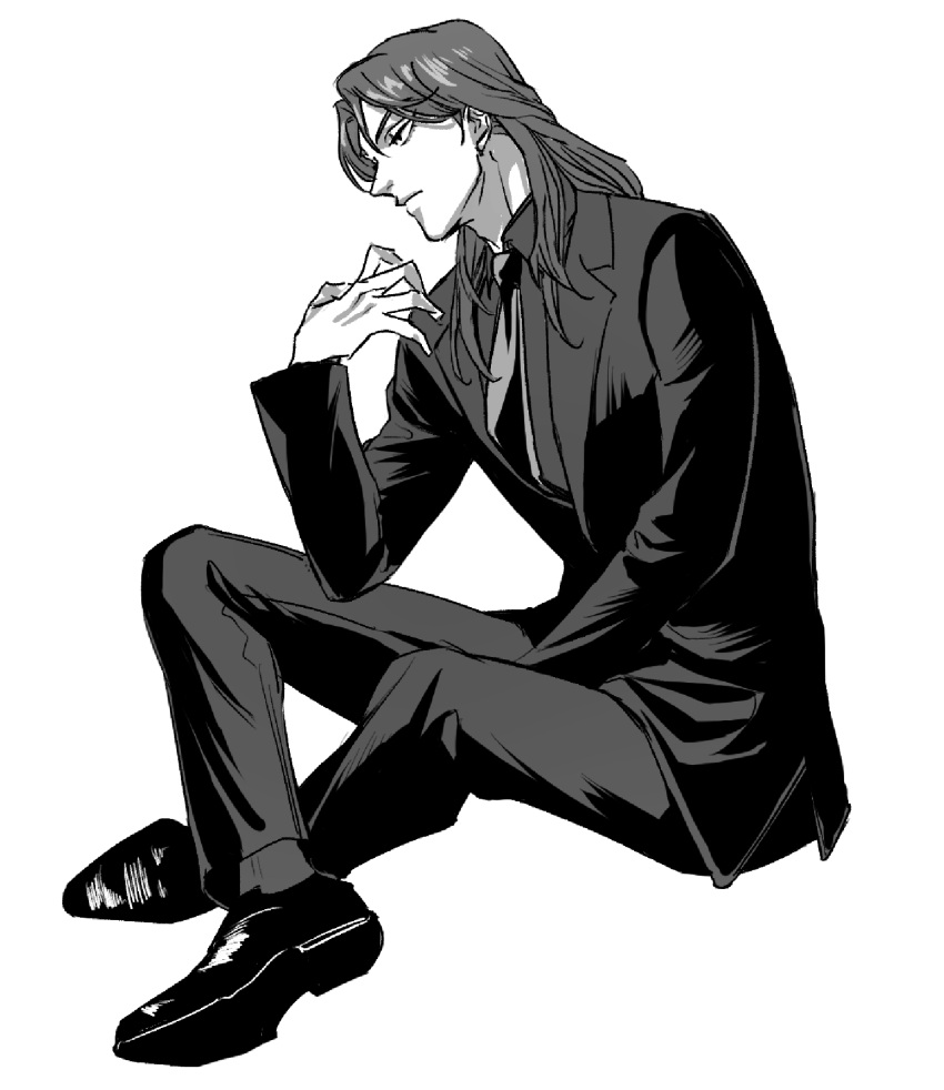 1boy, between_legs, commentary_request, from_side, full_body, greyscale, gyogyo_hjj, hand_between_legs
