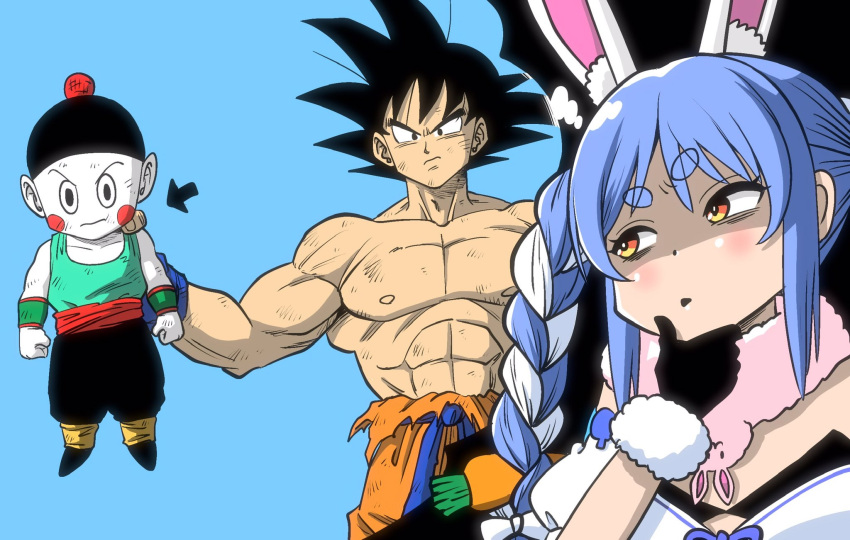 1girl, 2boys, abs, animal_ears, aqua_tank_top, arrow_(symbol), black_gloves, black_hat
