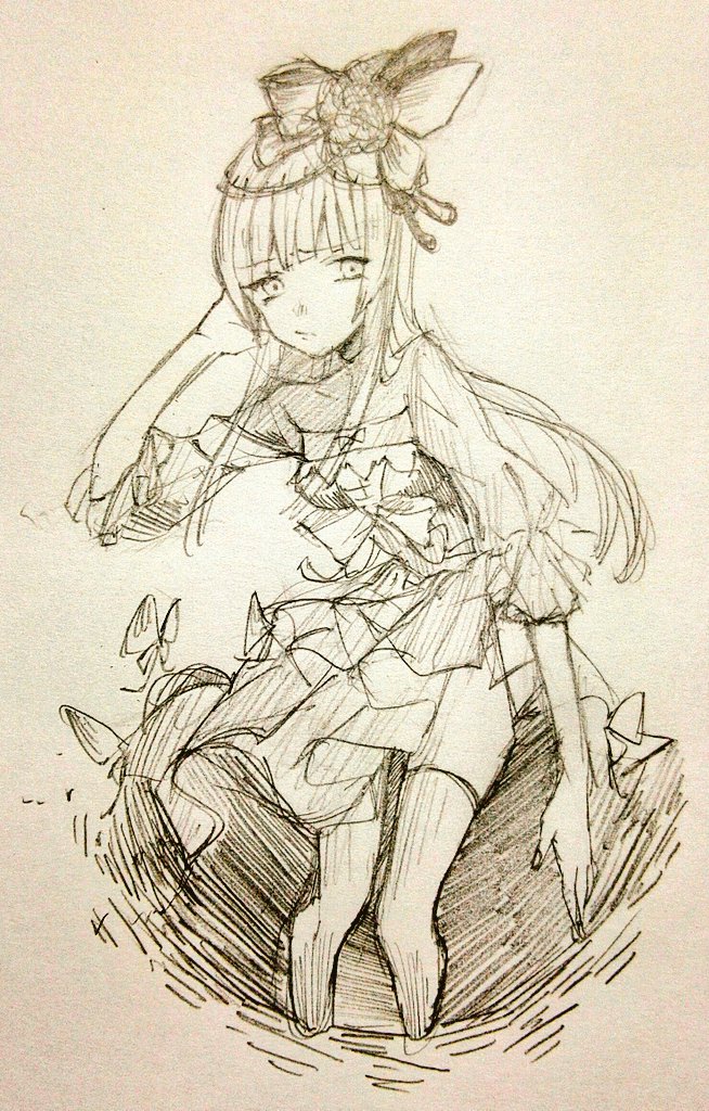 1girl, blunt_bangs, bow, breasts, bug, butterfly, chaos_juliet_(grimms_notes), closed_mouth