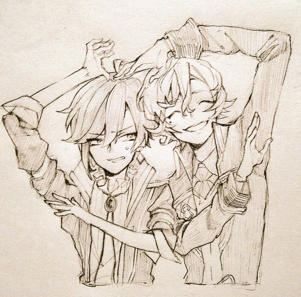 2boys, arm_up, clenched_teeth, coat, facing_viewer, gem, gloves, grimms_notes