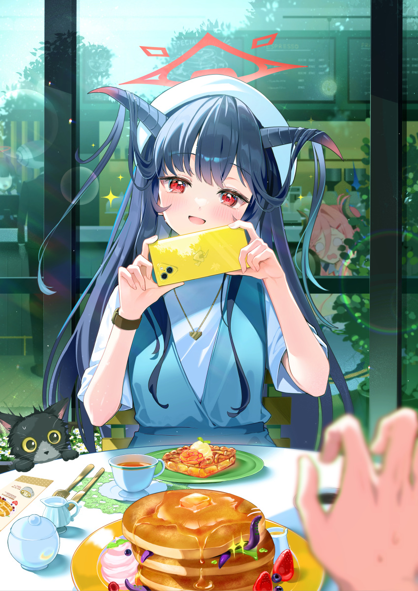 2girls, absurdres, beret, black_horns, blue_archive, blue_dress, blue_halo, brown_horns, cat, demon_girl, demon_horns, dress, felnemo, food, frying_pan, fuuka_(blue_archive), fuuka_(casual)_(blue_archive), german_clothes, hair_on_horn, halo, hat, heart, heart_necklace, heart_pendant, highres, holding, holding_frying_pan, holding_phone, horns, jewelry, juri_(blue_archive), juri_(part-time)_(blue_archive), maid, multiple_girls, necklace, official_alternate_hairstyle, pan-chan_(blue_archive), pancake, pancake_stack, phone, pov, red_halo, solo_focus, sparkle, watch, watch, white_hat