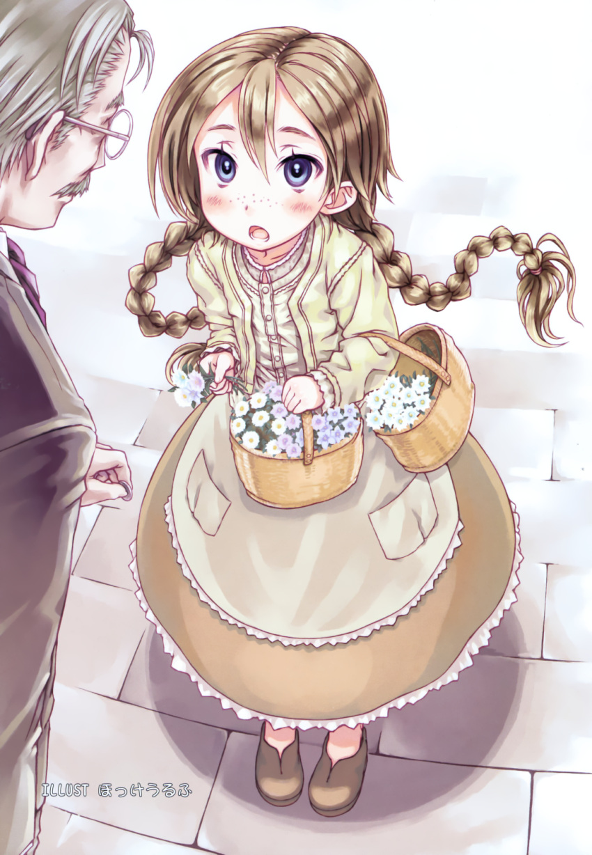 1girl, :o, basket, blonde_hair, blue_eyes, blush, braid, brown_hair